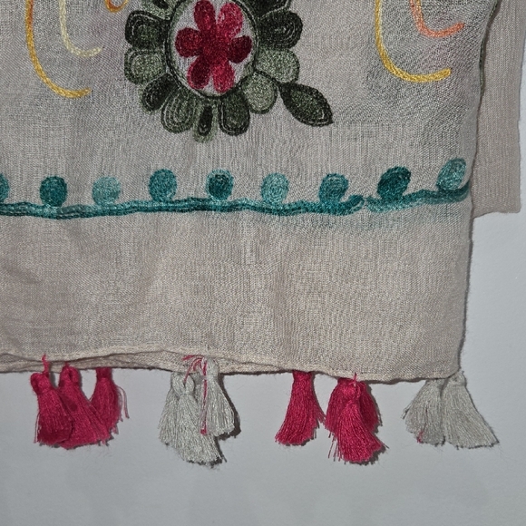 Vibrant Multi Colored Floral Embroidered Boho Cottagecore Wrap/Scarf w/Tassels - Picture 5 of 7